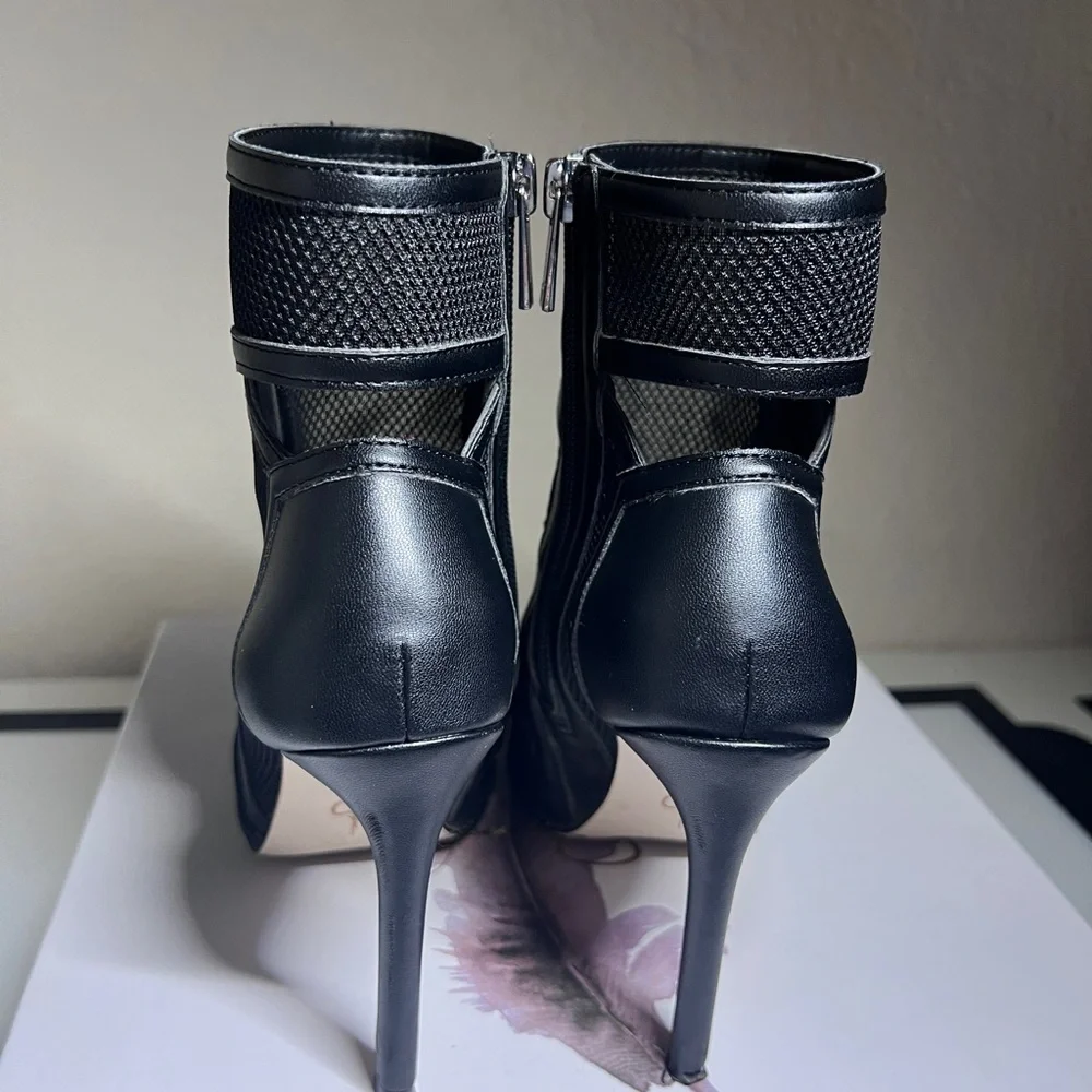 Women's Black Mesh Peep-Toe Stiletto Booties - Picture 4 of 5
